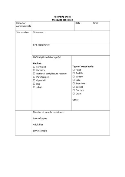 Mosquito sampling recording sheet image